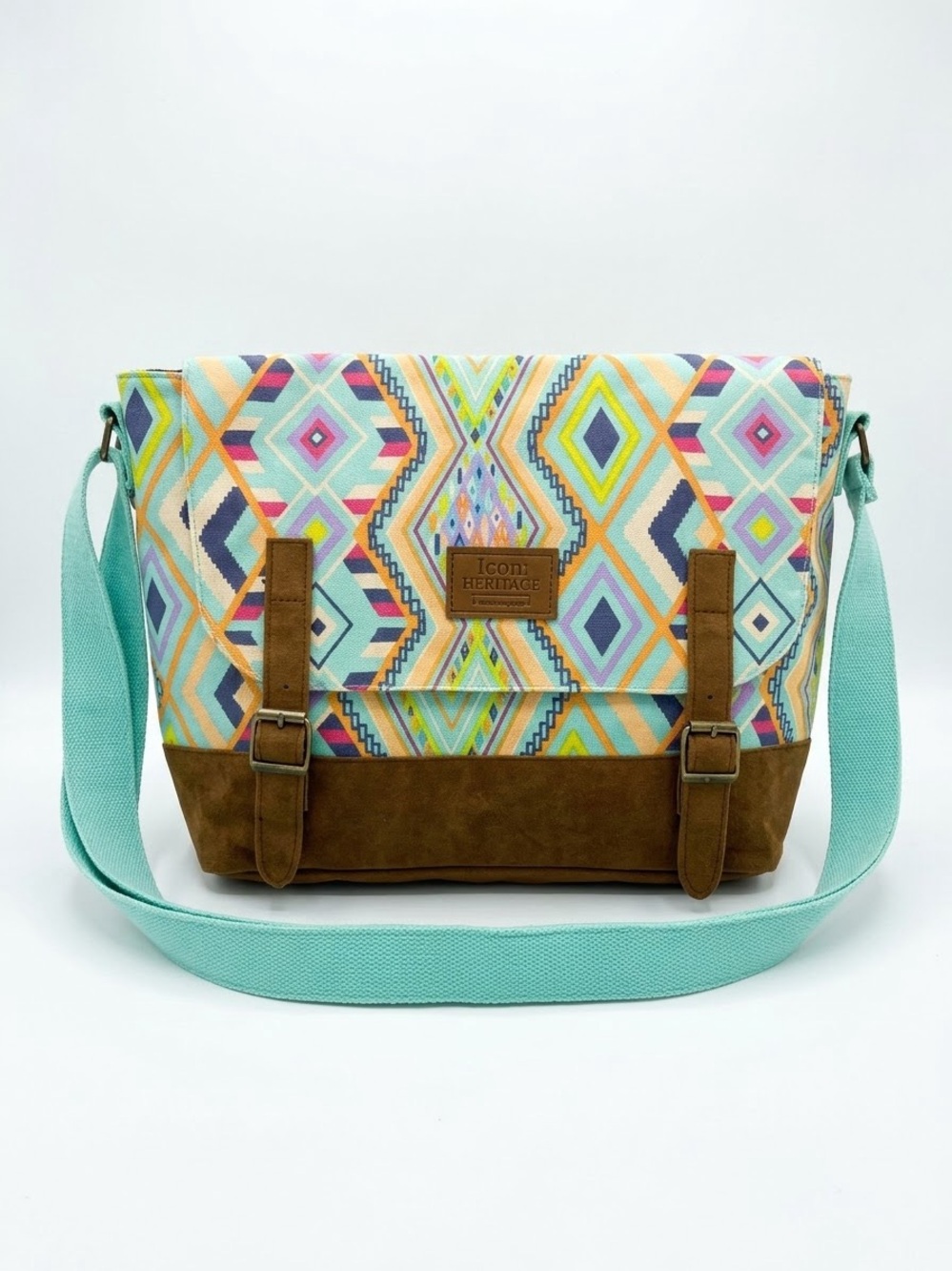 Heritage Mint & Brown Boho Aztec Crossbody Messenger Bag